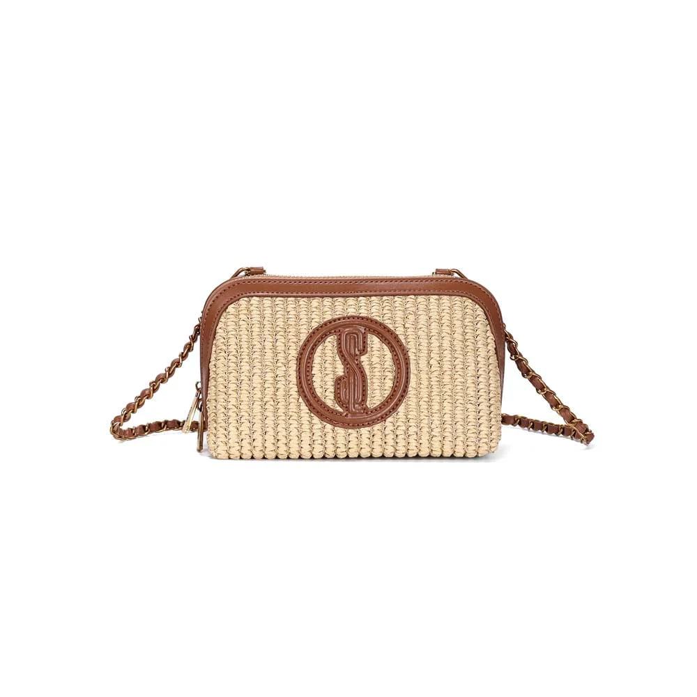 Bolsa Pequena Palha Tramado Marrom Alça Corrente - vista 1 de 2
