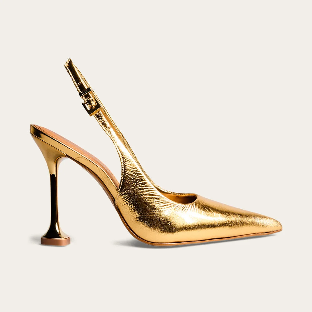 Scarpin Slingback Couro Metalizado Salto Alto Dourado - vista 1 de 3