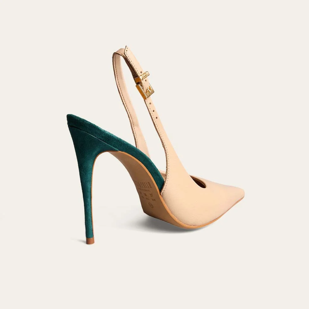 Scarpin Slingback Couro Bege Salto Alto Bicolor - vista 2 de 3
