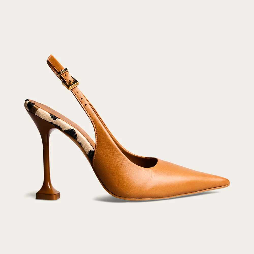 Scarpin Slingback Couro Pelica Liso Salto Alto Marrom - vista 1 de 3