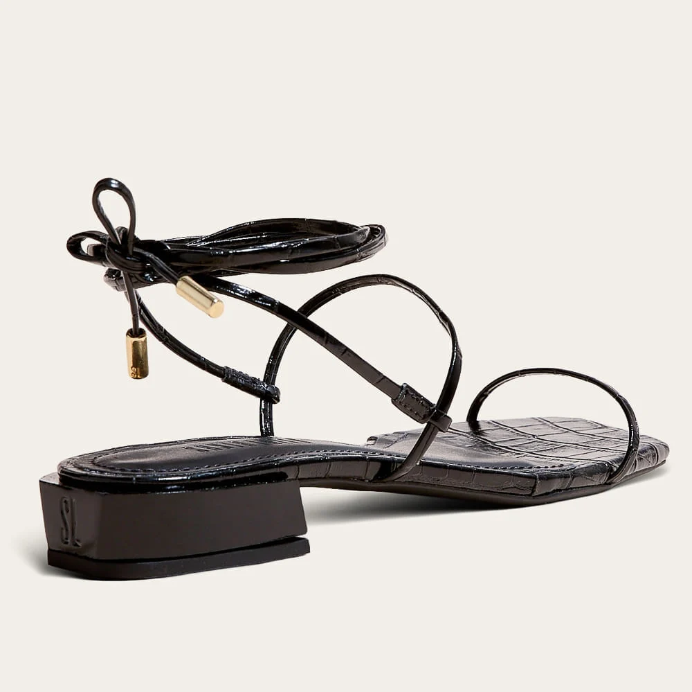 Rasteira Amarração New Croco Preto Bico Quadrado - vista 2 de 3