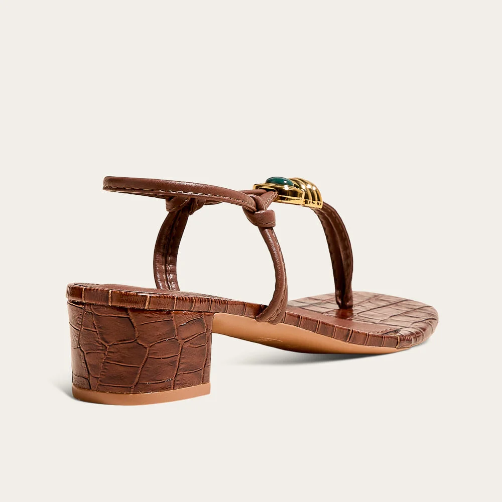 Sandália Napa Croco Marrom Salto Bloco Metal - vista 2 de 4