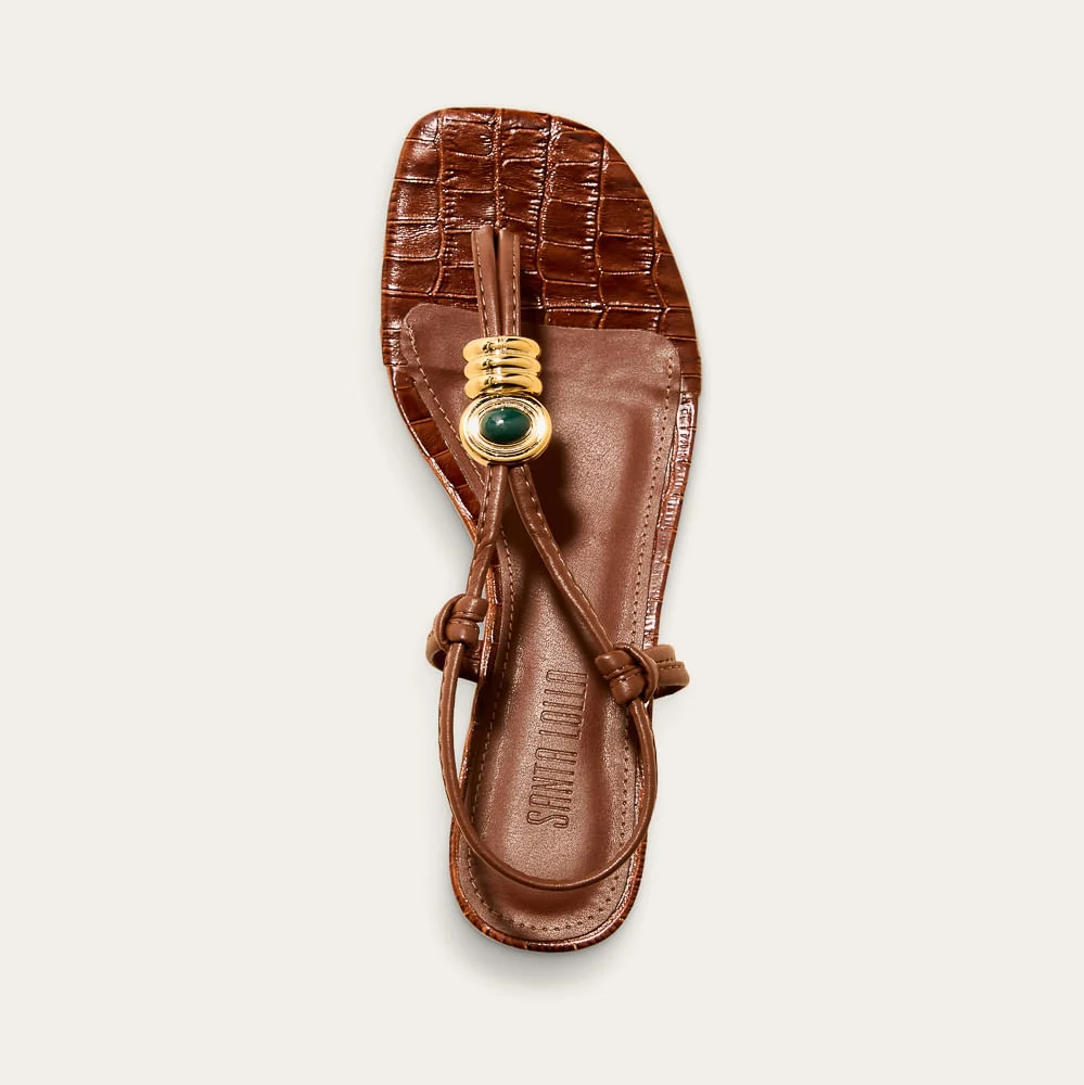 Sandália Napa Croco Marrom Salto Bloco Metal - vista 3 de 4