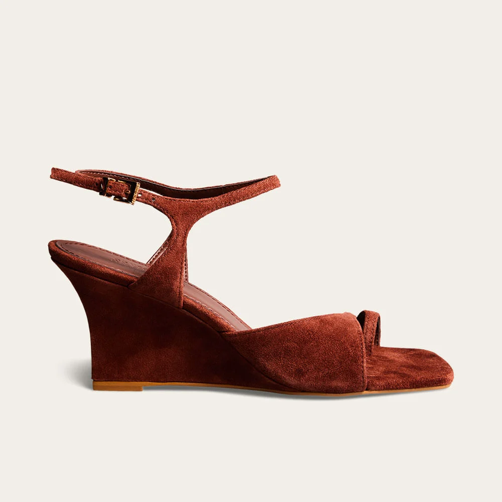 Sandália Anabela Couro Camurça Terracota Toe Ring - vista 1 de 4