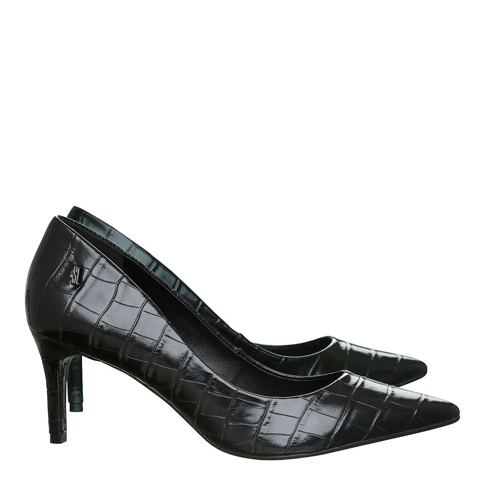 Scarpin Croco Salto Médio Preto - vista 2 de 4