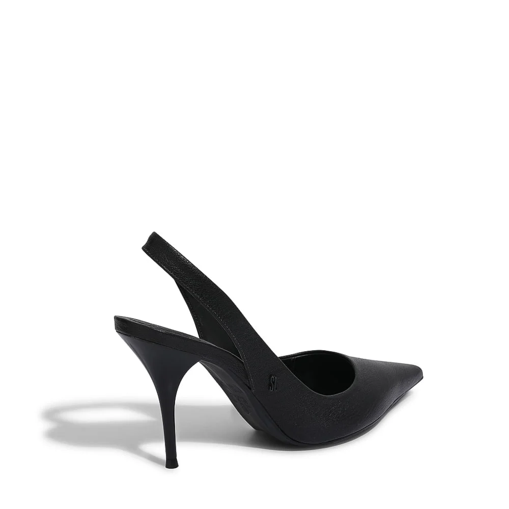Sapato Scarpin Preto Couro Slingback Salto Fino - vista 3 de 3
