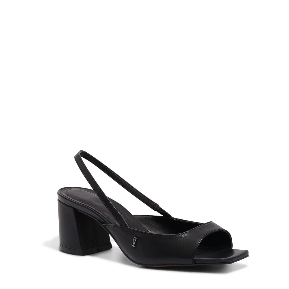 Sandália Peep Toe Preta Couro Salto Bloco - vista 2 de 3