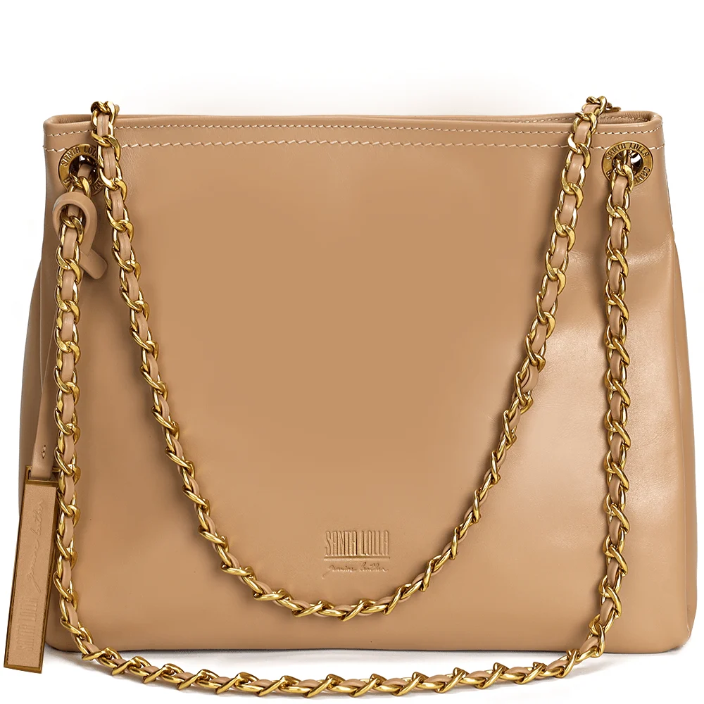 Bolsa Slouch Shopper Grande com Alça de Corrente com couro transpassado Bege - Linha Genuine Leather - vista 1 de 4
