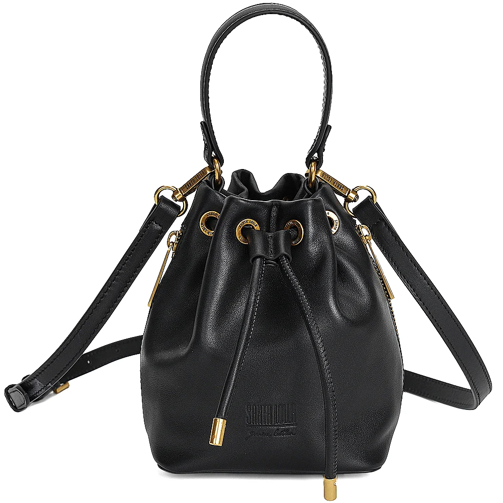 Bolsa Bucket Pequena com Alça Transversal de Couro Preta - Linha Genuine Leather - vista 1 de 4