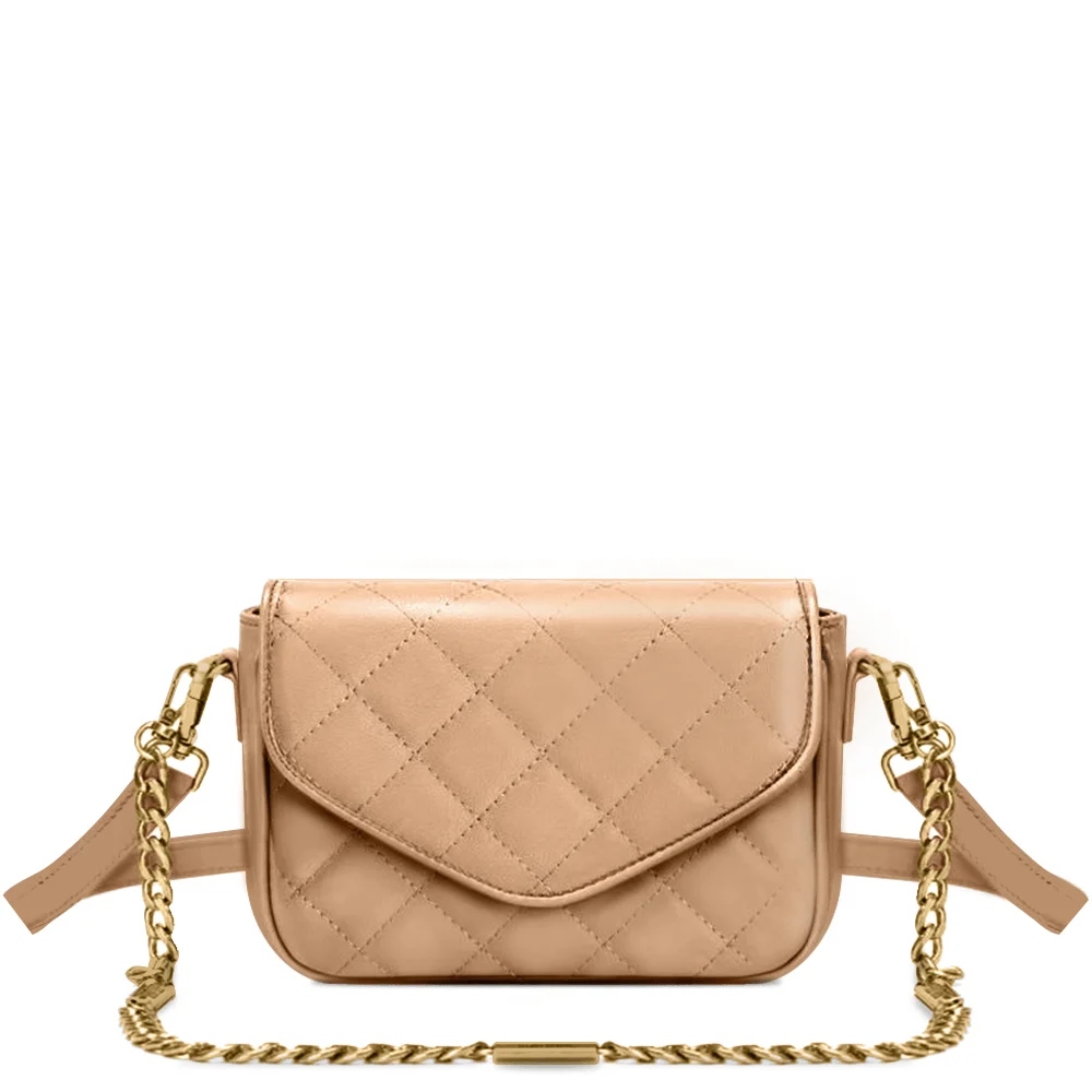 Bolsa Flap Bag Pequena com Alça Transversal de Couro Matelassê Bege - Linha Genuine Leather - vista 1 de 4