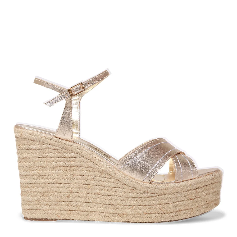 Sandália Espadrille Dourada Couro Tiras Salto Alto - vista 1 de 3