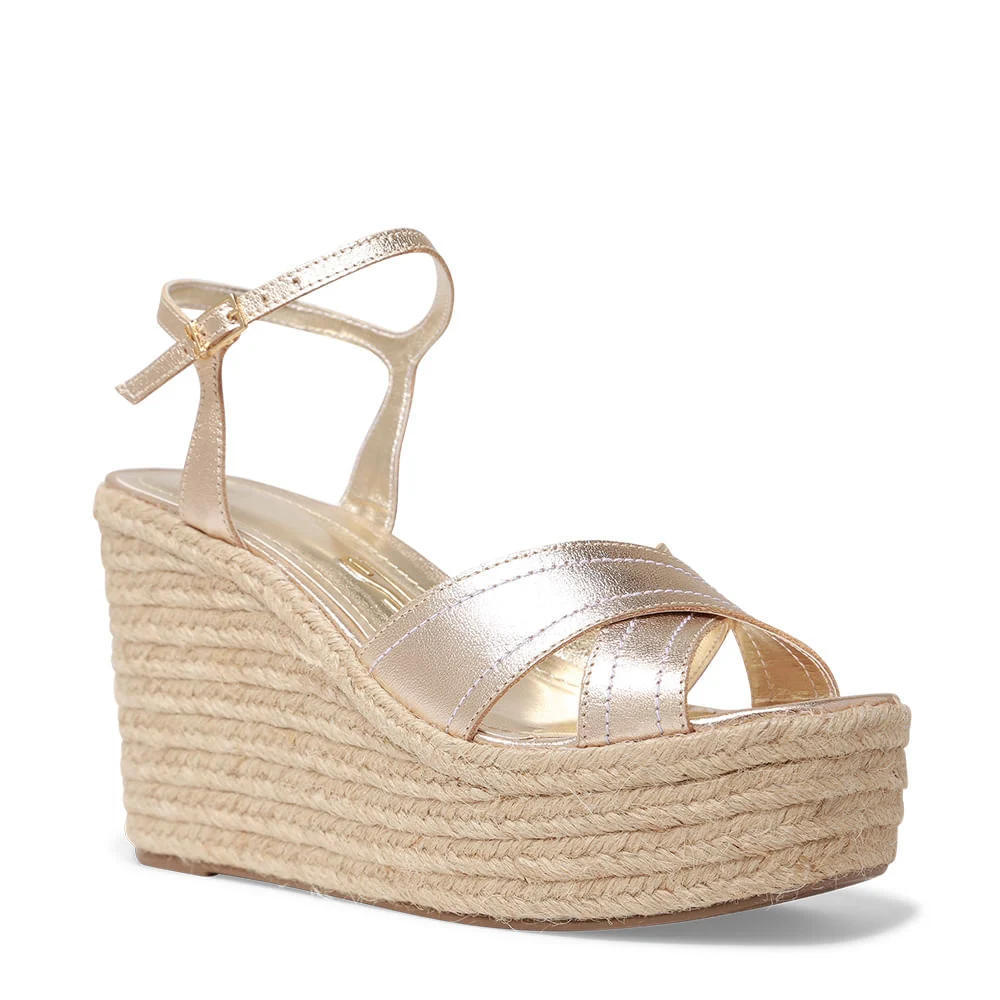 Sandália Espadrille Dourada Couro Tiras Salto Alto - vista 2 de 3