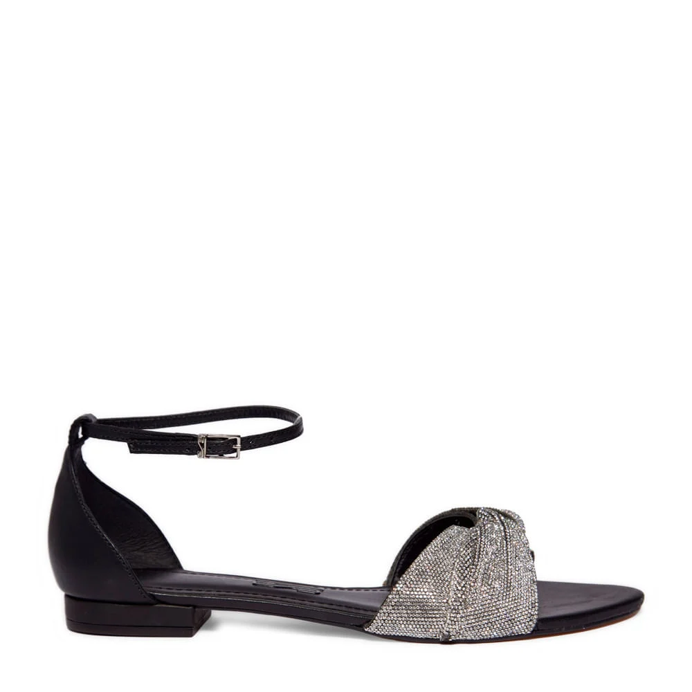 Rasteira Shiny Couro Preto Bico Fino Nó Strass - vista 1 de 4