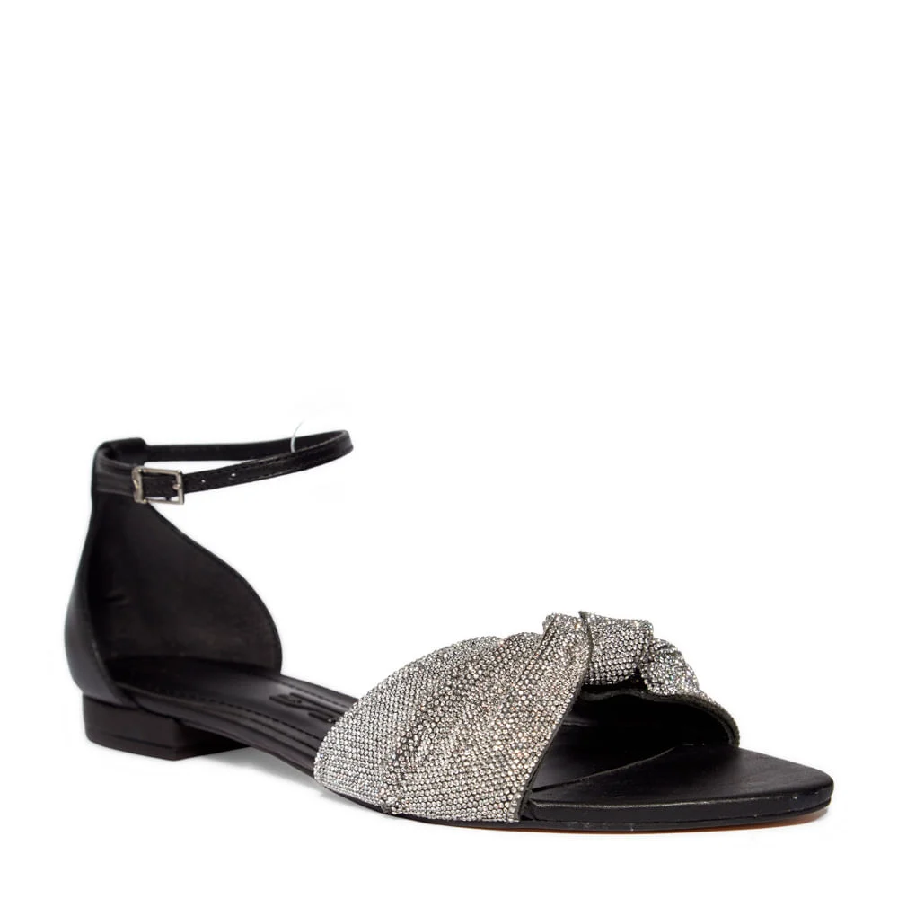 Rasteira Shiny Couro Preto Bico Fino Nó Strass - vista 2 de 4
