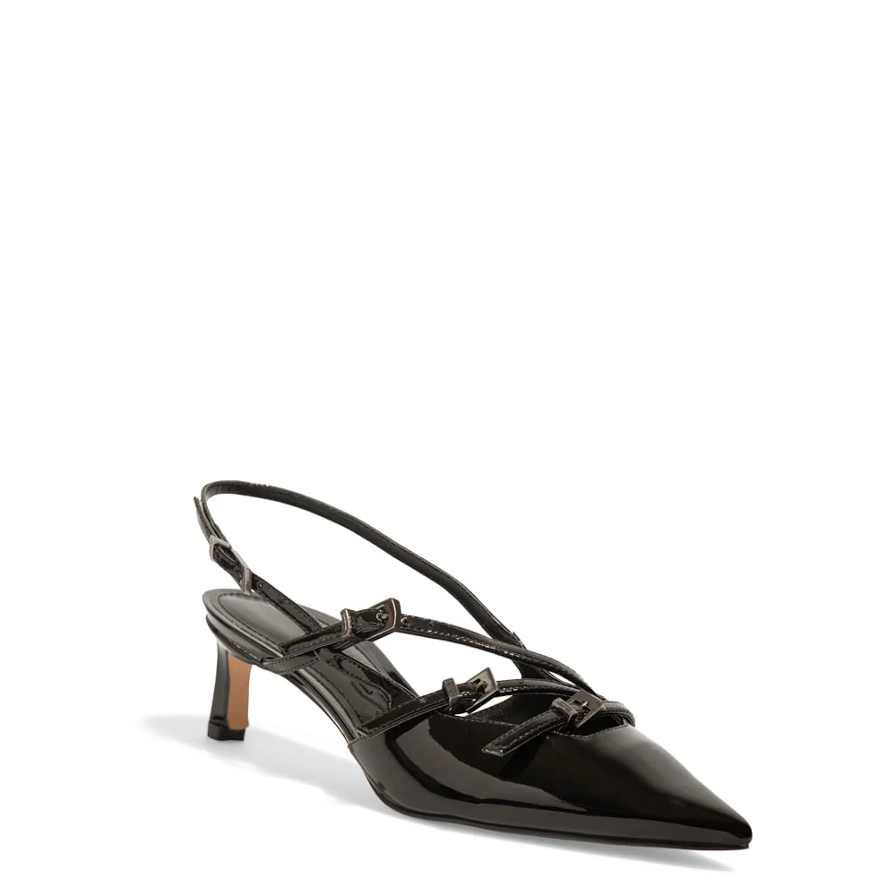 Scarpin Slingback Verniz Anzeli Preta Bico Fino Salto Baixo - vista 2 de 3