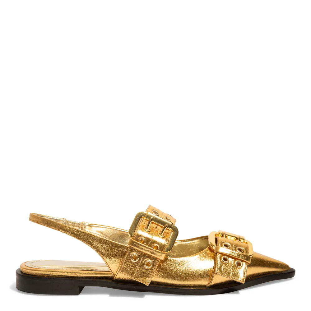 Sapatilha Slingback Fivelas Couro Metalizado Dourado - vista 1 de 5