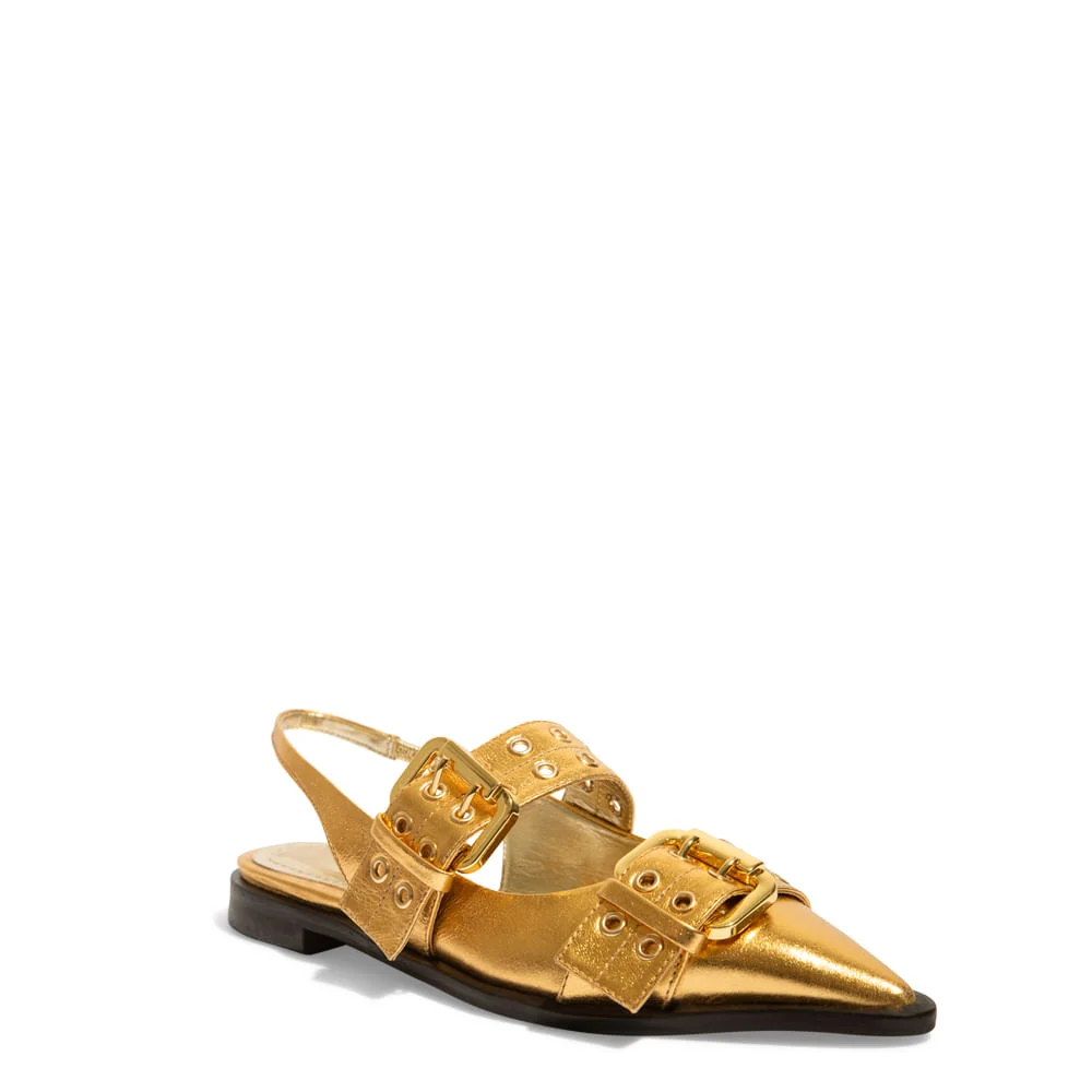 Sapatilha Slingback Fivelas Couro Metalizado Dourado - vista 2 de 5