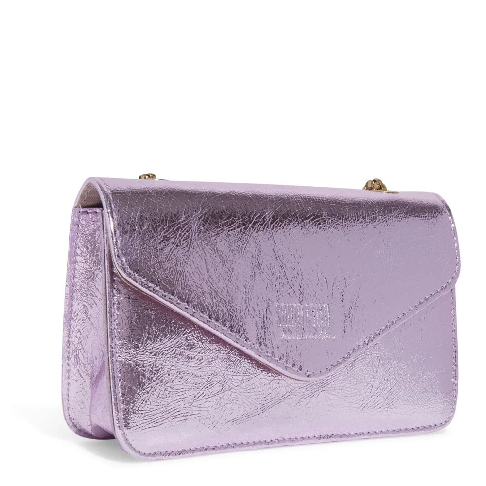 Bolsa Pequena Couro Craquele Alça Transversal Corrente Rosa Claro - vista 2 de 3