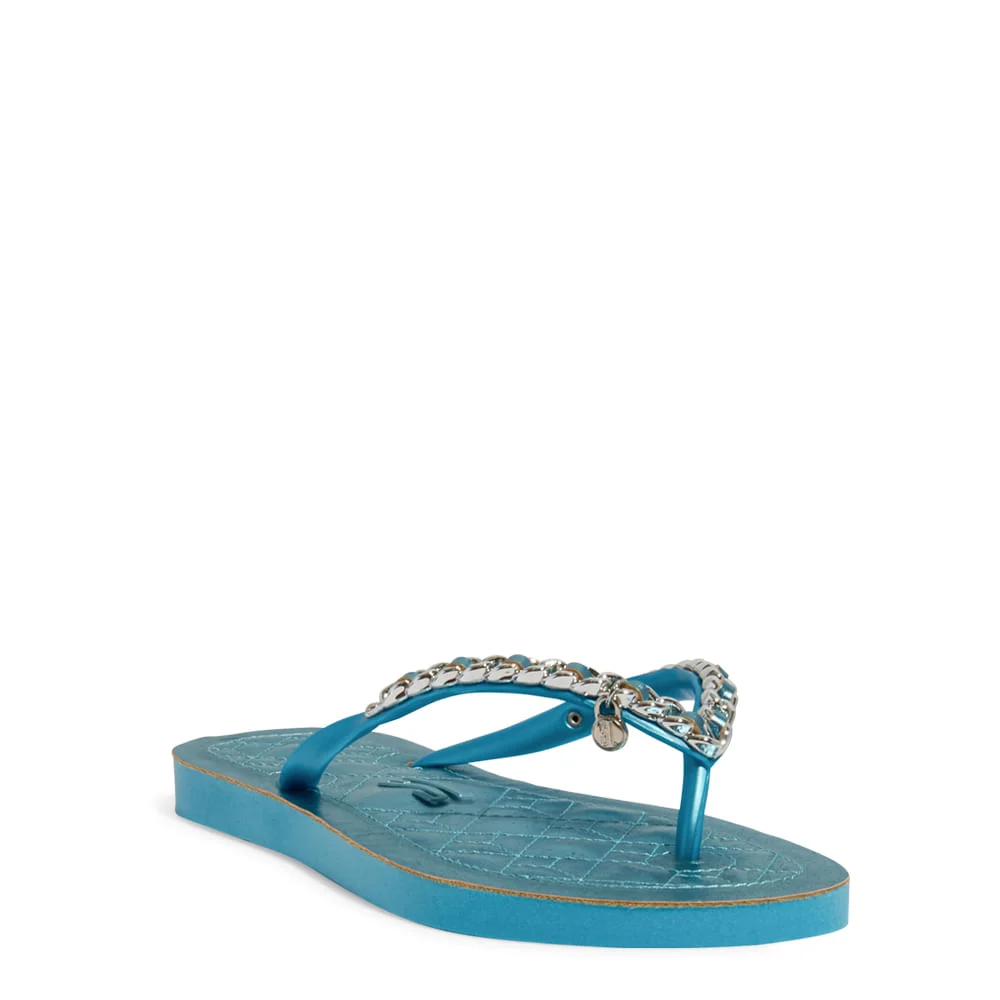 Chinelo  Flip Flop Borracha Corrente Tiras Finas Azul  Metalizado - vista 2 de 4