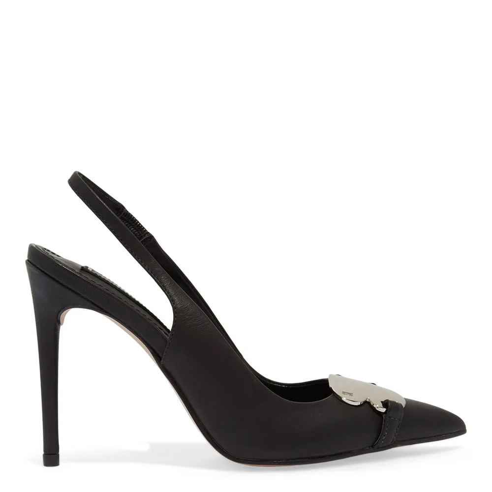 Scarpin Slingback Preto Couro Confort Coração Metalizado - vista 1 de 3