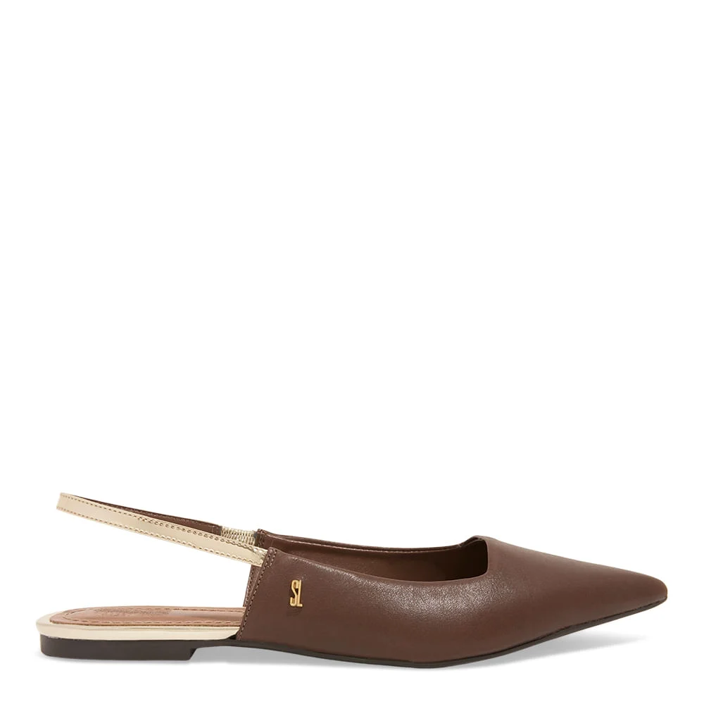 Sapatilha Slingback Couro Confort Marrom Chocolate Bico Fino - vista 1 de 4