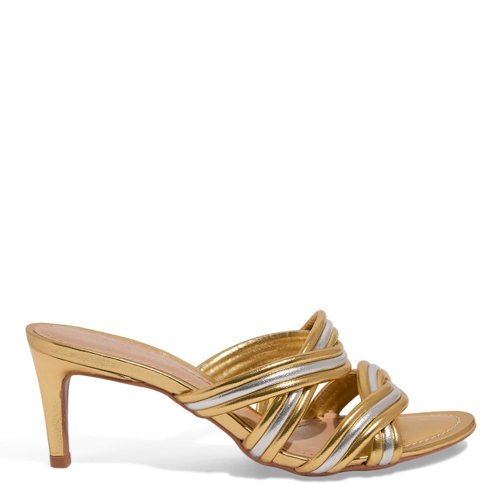 Mule Metalizado Dourado Salto Alto Fino - vista 1 de 3