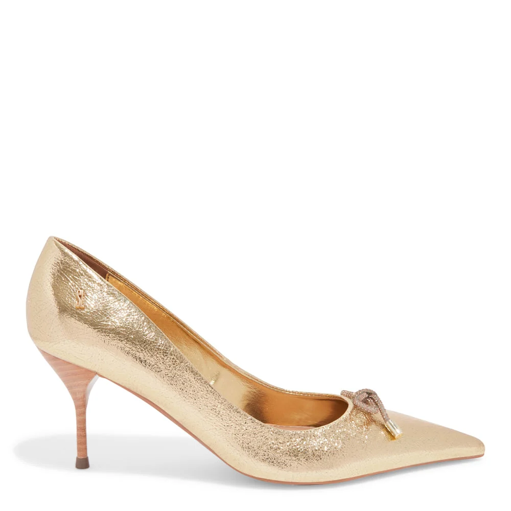 Scarpin Dourado Metalizado Couro Craquelê Bico Fino Laço - vista 1 de 4